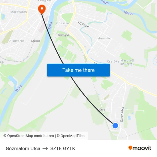 Gőzmalom Utca to SZTE GYTK map