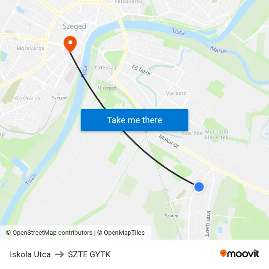 Iskola Utca to SZTE GYTK map