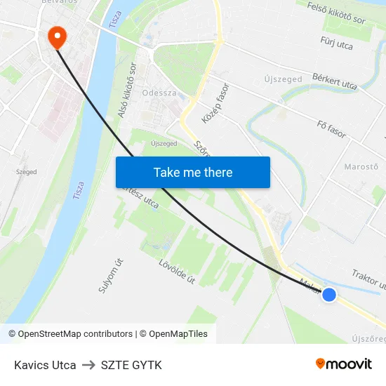 Kavics Utca to SZTE GYTK map