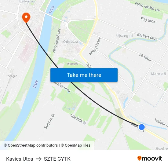 Kavics Utca to SZTE GYTK map