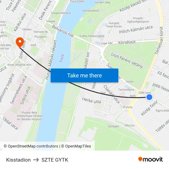 Kisstadion to SZTE GYTK map