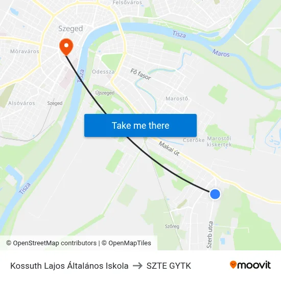 Kossuth Lajos Általános Iskola to SZTE GYTK map
