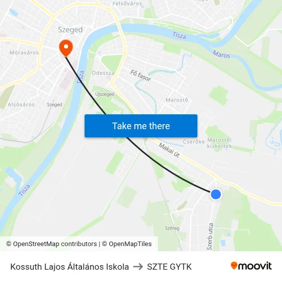 Kossuth Lajos Általános Iskola to SZTE GYTK map