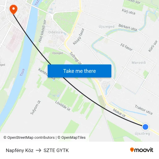 Napfény Köz to SZTE GYTK map