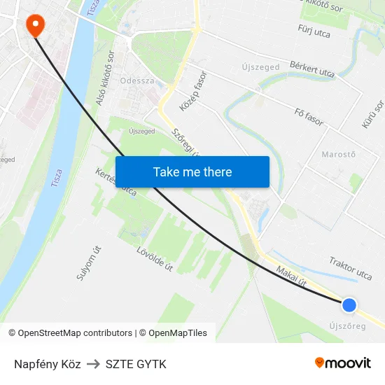 Napfény Köz to SZTE GYTK map