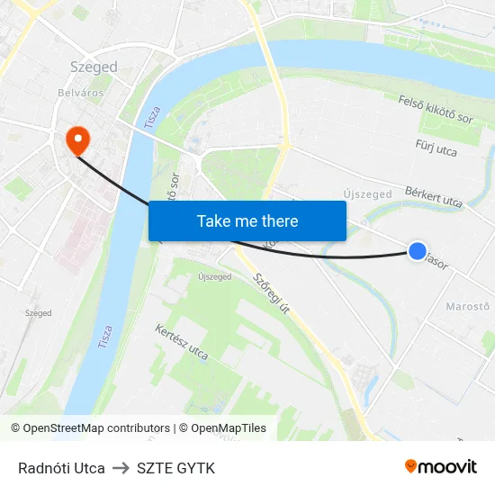 Radnóti Utca to SZTE GYTK map