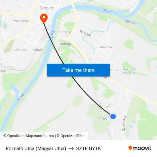 Rózsatő Utca (Magyar Utca) to SZTE GYTK map
