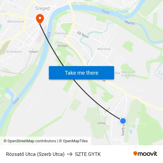 Rózsatő Utca (Szerb Utca) to SZTE GYTK map