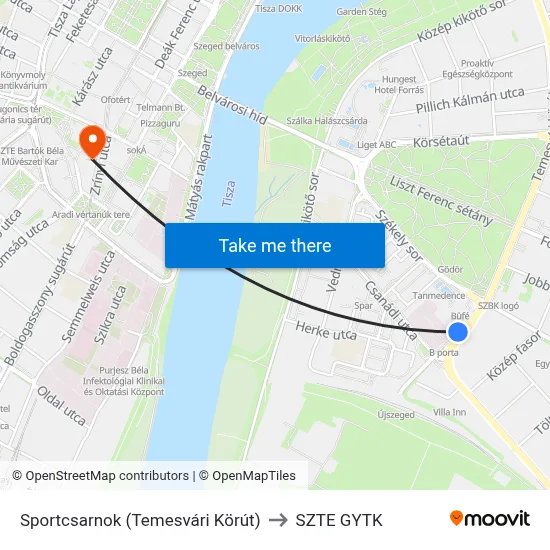 Sportcsarnok (Temesvári Körút) to SZTE GYTK map