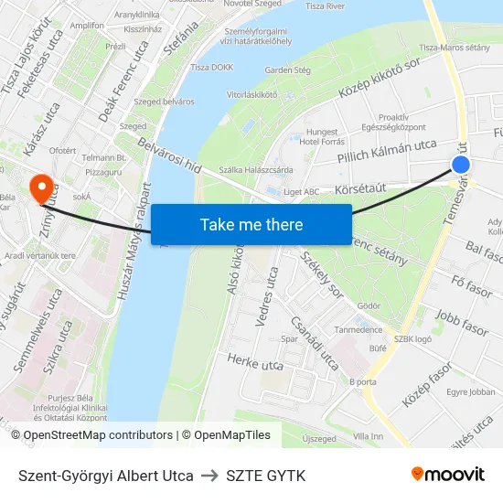 Szent-Györgyi Albert Utca to SZTE GYTK map