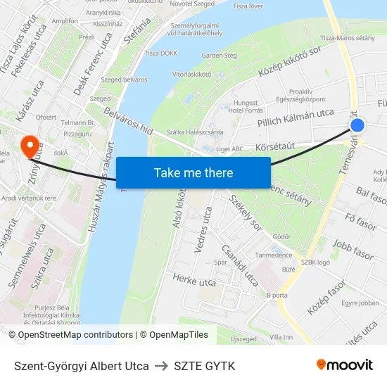 Szent-Györgyi Albert Utca to SZTE GYTK map