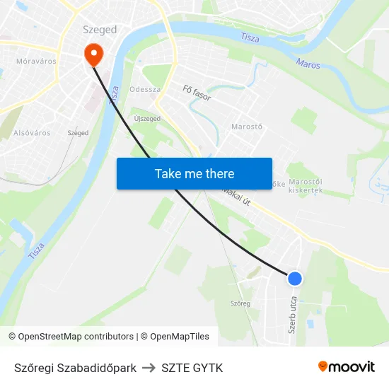 Szőregi Szabadidőpark to SZTE GYTK map