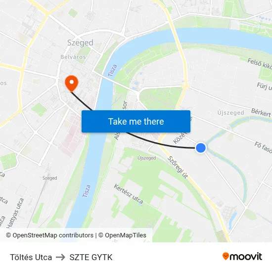 Töltés Utca to SZTE GYTK map