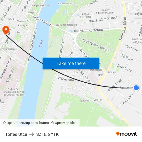 Töltés Utca to SZTE GYTK map