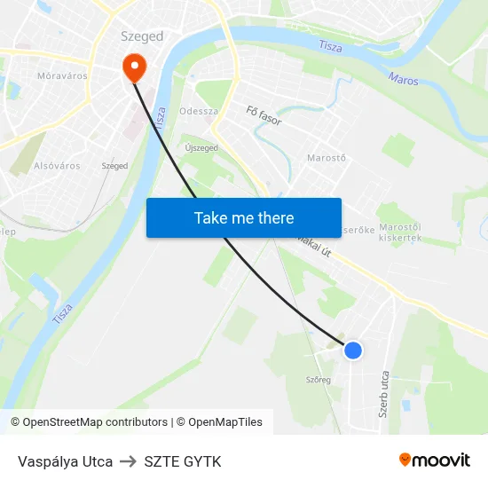Vaspálya Utca to SZTE GYTK map
