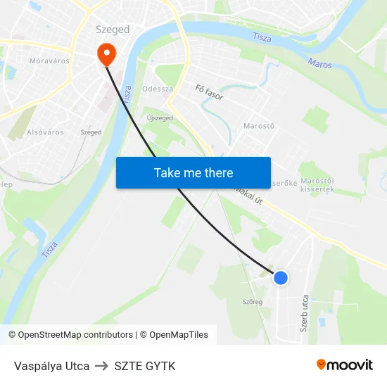 Vaspálya Utca to SZTE GYTK map