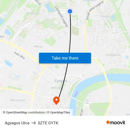 Agyagos Utca to SZTE GYTK map