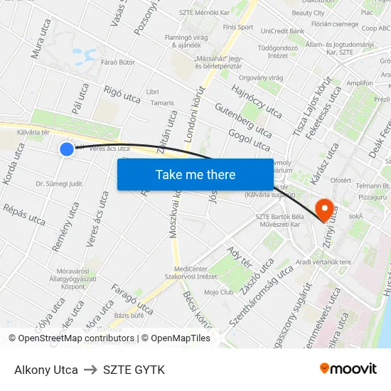 Alkony Utca to SZTE GYTK map