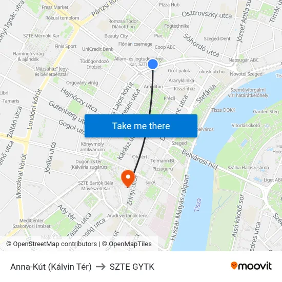 Anna-Kút (Kálvin Tér) to SZTE GYTK map