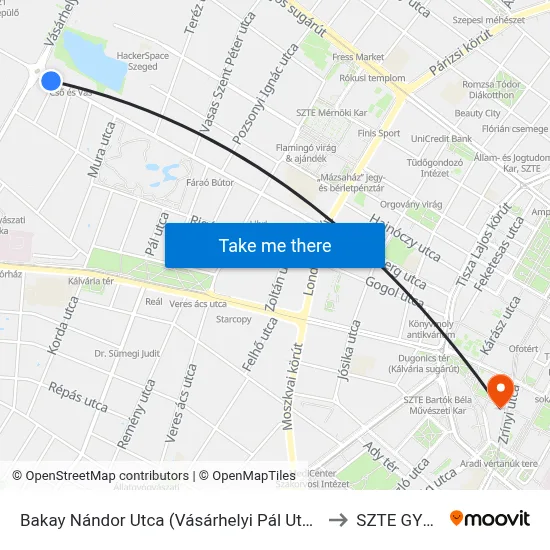 Bakay Nándor Utca (Vásárhelyi Pál Utca) to SZTE GYTK map