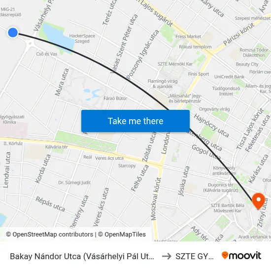 Bakay Nándor Utca (Vásárhelyi Pál Utca) to SZTE GYTK map