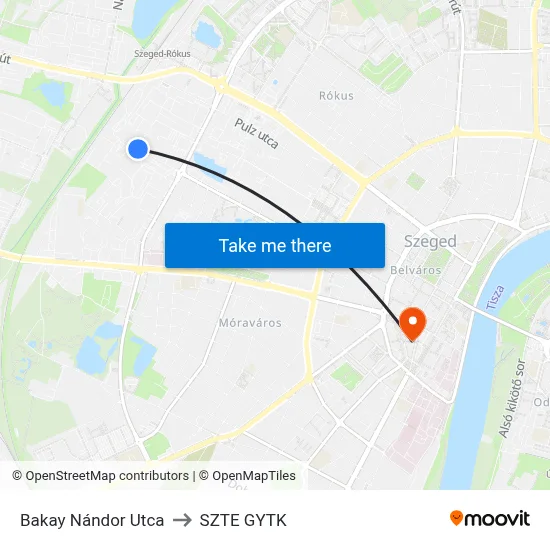 Bakay Nándor Utca to SZTE GYTK map