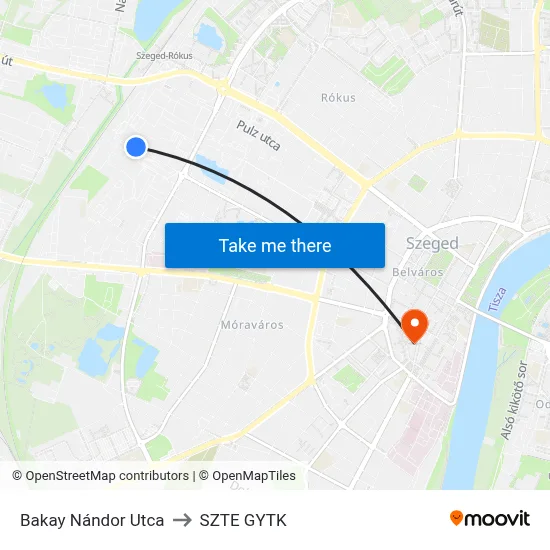 Bakay Nándor Utca to SZTE GYTK map
