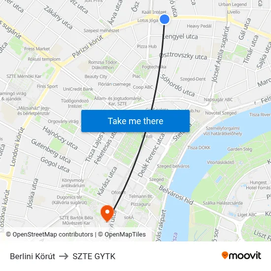Berlini Körút to SZTE GYTK map