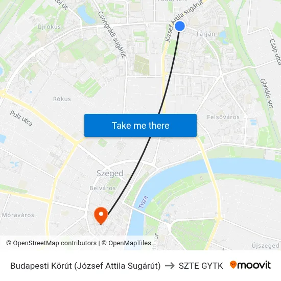 Budapesti Körút (József Attila Sugárút) to SZTE GYTK map
