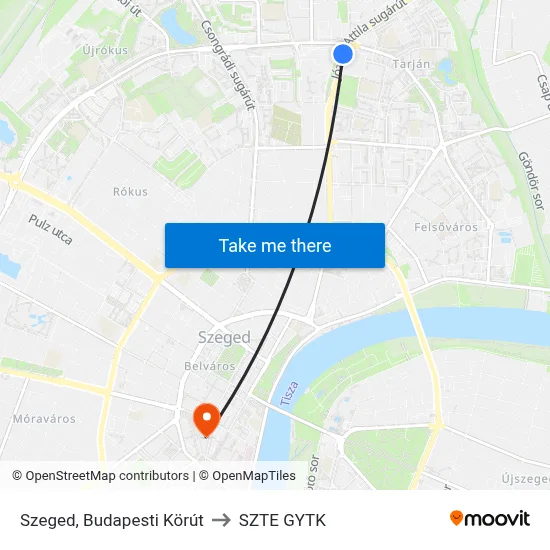 Szeged, Budapesti Körút to SZTE GYTK map