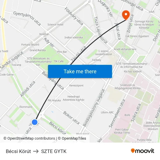 Bécsi Körút to SZTE GYTK map