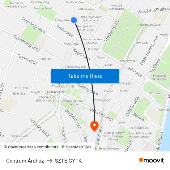 Centrum Áruház to SZTE GYTK map
