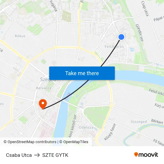 Csaba Utca to SZTE GYTK map