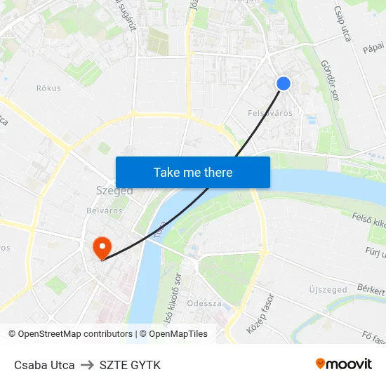 Csaba Utca to SZTE GYTK map