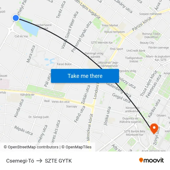 Csemegi-Tó to SZTE GYTK map