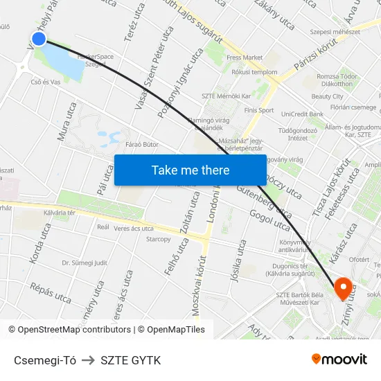 Csemegi-Tó to SZTE GYTK map