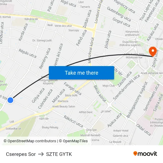 Cserepes Sor to SZTE GYTK map