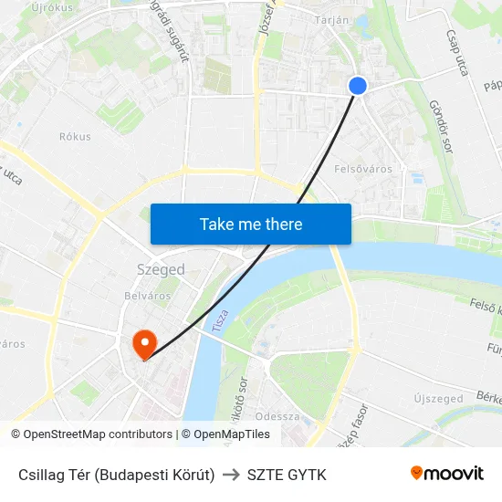 Csillag Tér (Budapesti Körút) to SZTE GYTK map