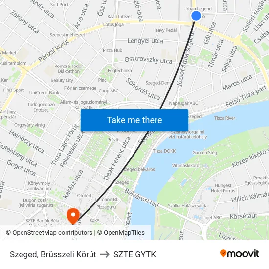 Szeged, Brüsszeli Körút to SZTE GYTK map