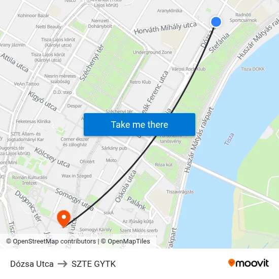 Dózsa Utca to SZTE GYTK map