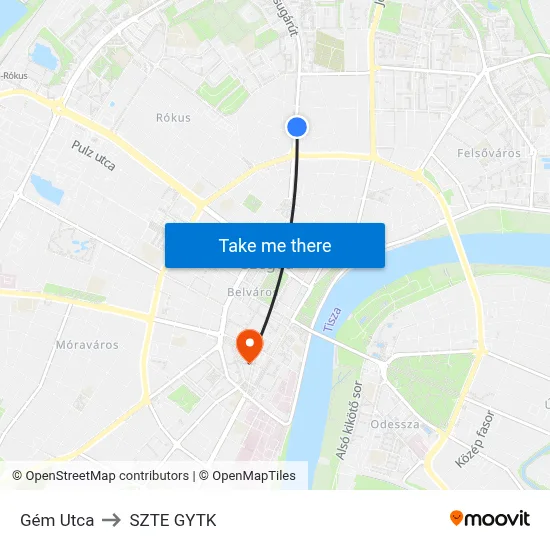 Gém Utca to SZTE GYTK map