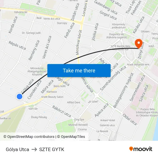 Gólya Utca to SZTE GYTK map