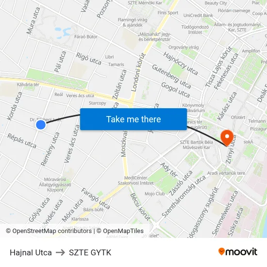 Hajnal Utca to SZTE GYTK map