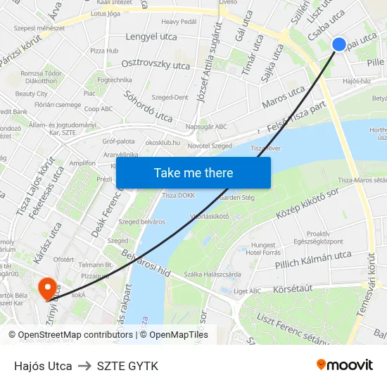 Hajós Utca to SZTE GYTK map