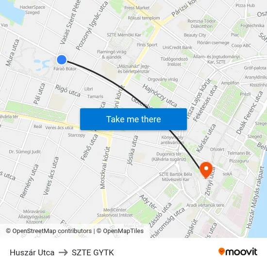 Huszár Utca to SZTE GYTK map