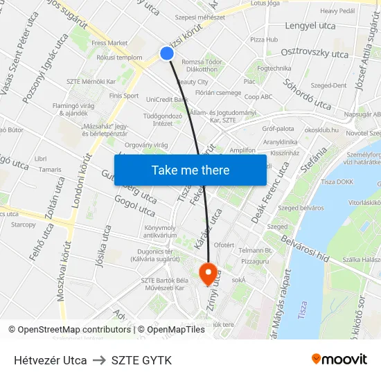 Hétvezér Utca to SZTE GYTK map