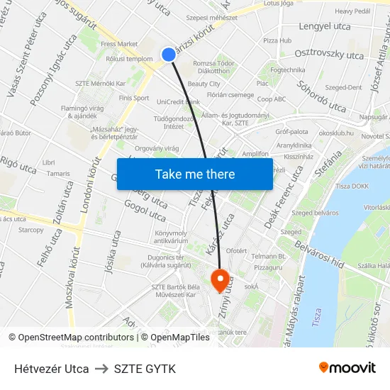 Hétvezér Utca to SZTE GYTK map