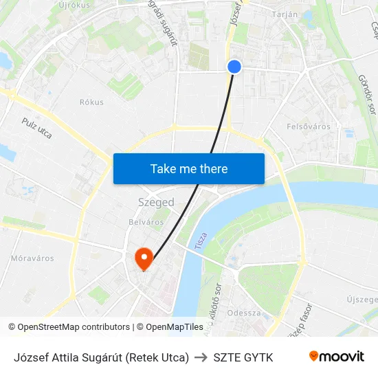 József Attila Sugárút (Retek Utca) to SZTE GYTK map