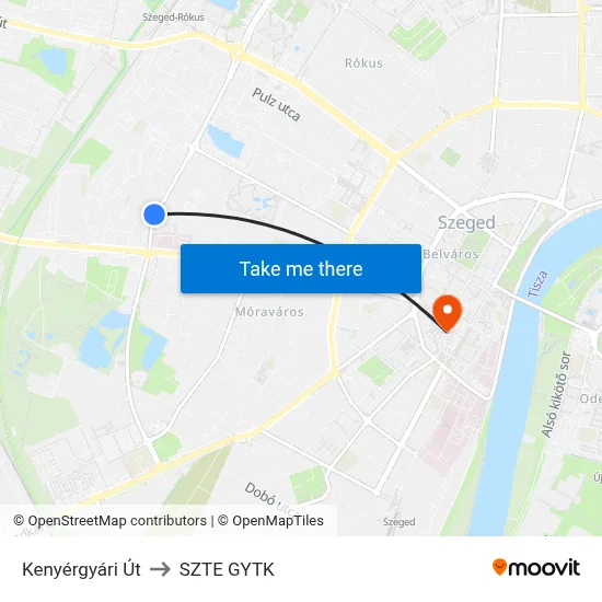 Kenyérgyári Út to SZTE GYTK map
