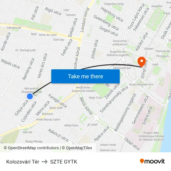 Kolozsvári Tér to SZTE GYTK map